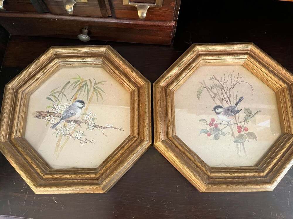Set of 2 Vintage Octagonal Framed Chickadee Bird Prints